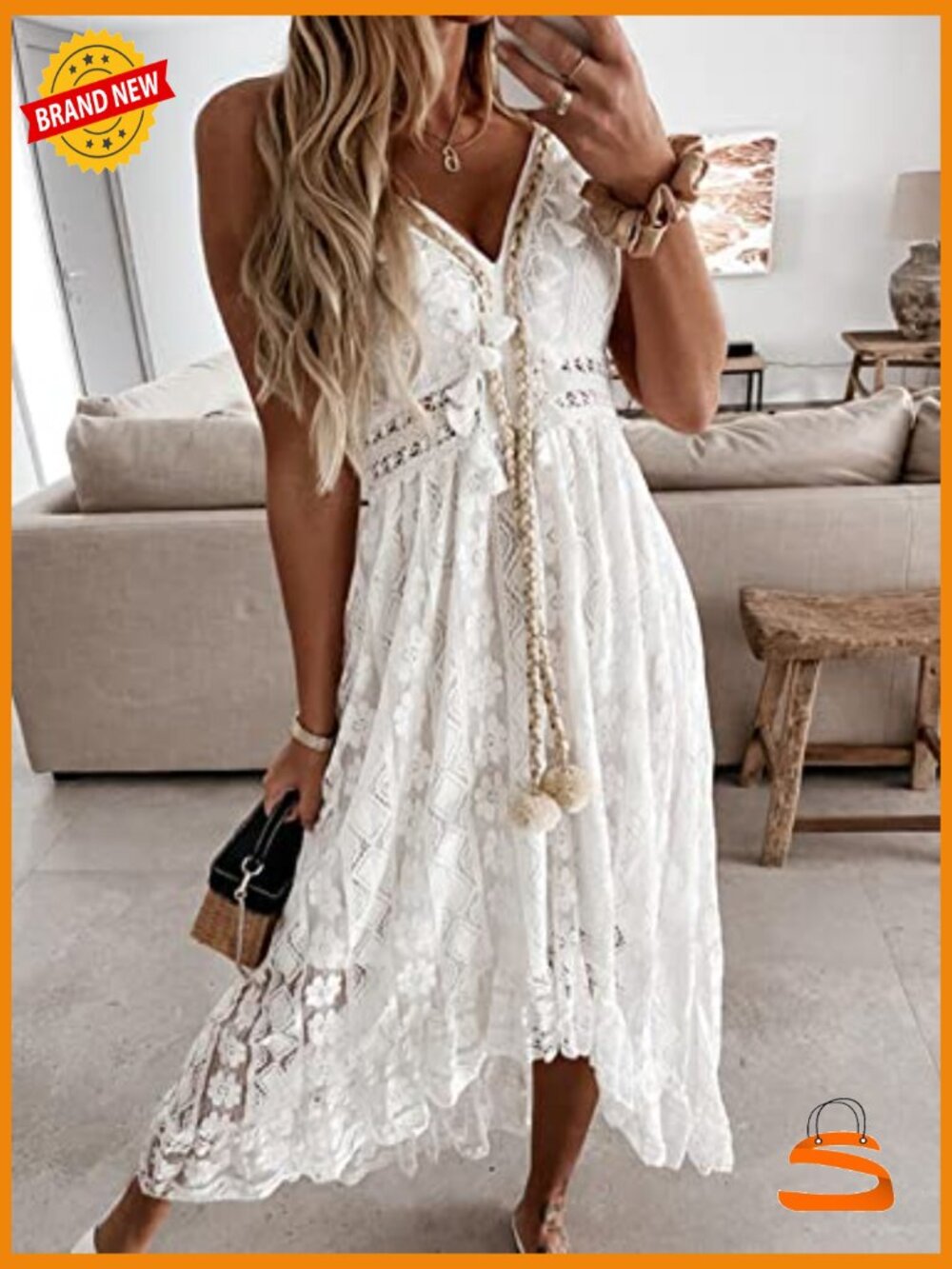 Maxi Summer Dress Lace V Neck Sleeveless Boho Crochet Tassel Beach Vacation - Picture 4 of 7